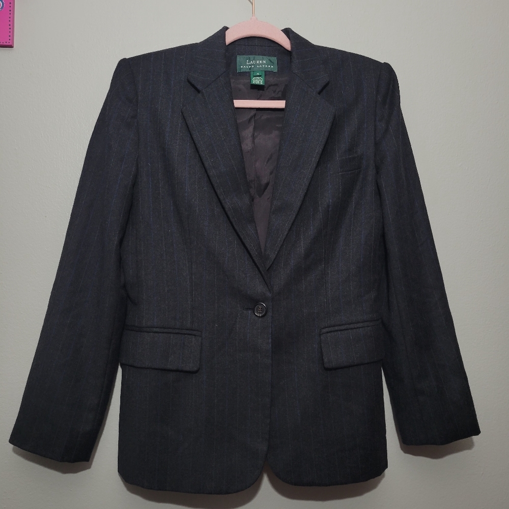 Ralph Lauren Wool Blazer Womens Size 4 Gray Pinstripe Classic Fit Jacket